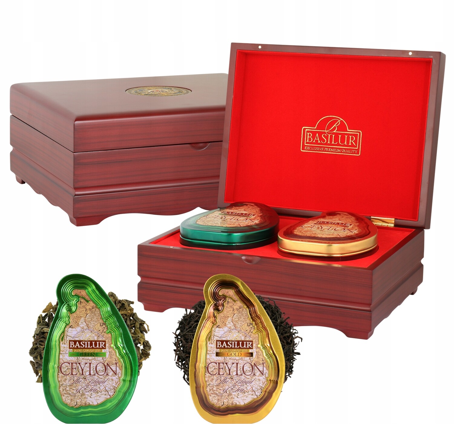 Basilur Dřevěný Expozitor sada čajů Green a Gold jako dárek 2x100g