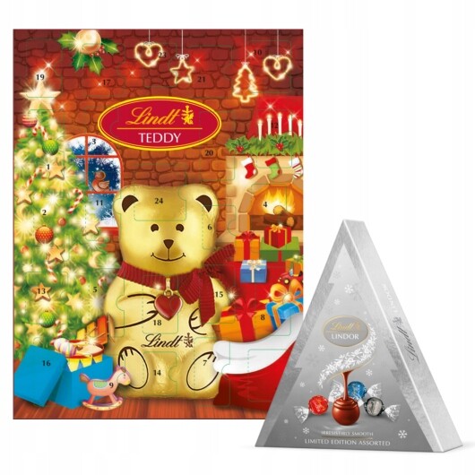Lindt Adventní kalendář Teddy 170 g pralinky Lindor stříbrný vánoční stromek 125 g