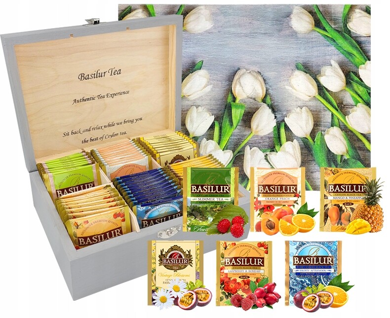 Sada čajů Basilur 6 Příchutí 60 sáčků čajová konvice s tulipány ze dřeva