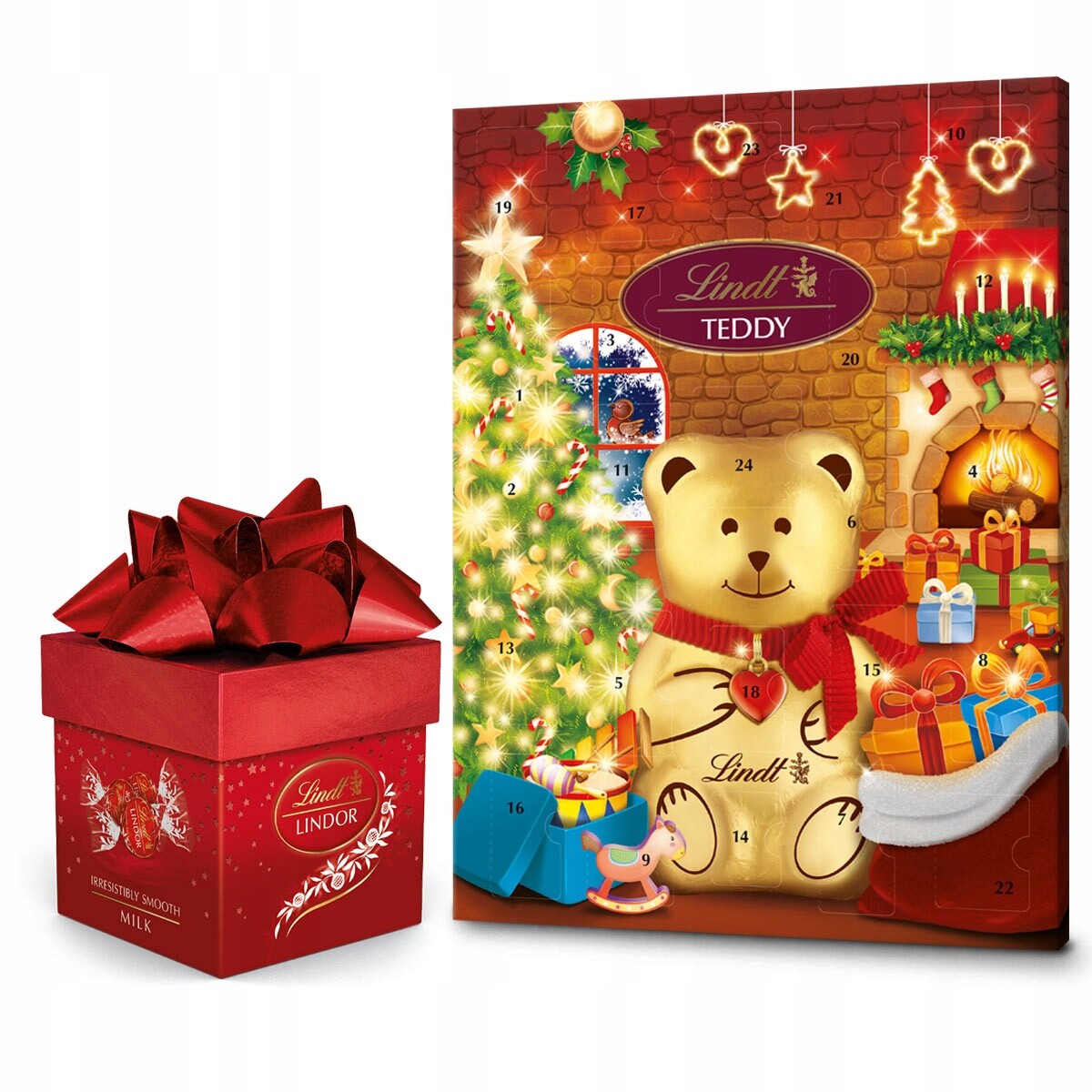 Sada Lindt Adventní kalendář Medvídek Teddy Pralinky Lindor mléčné cube 245 g
