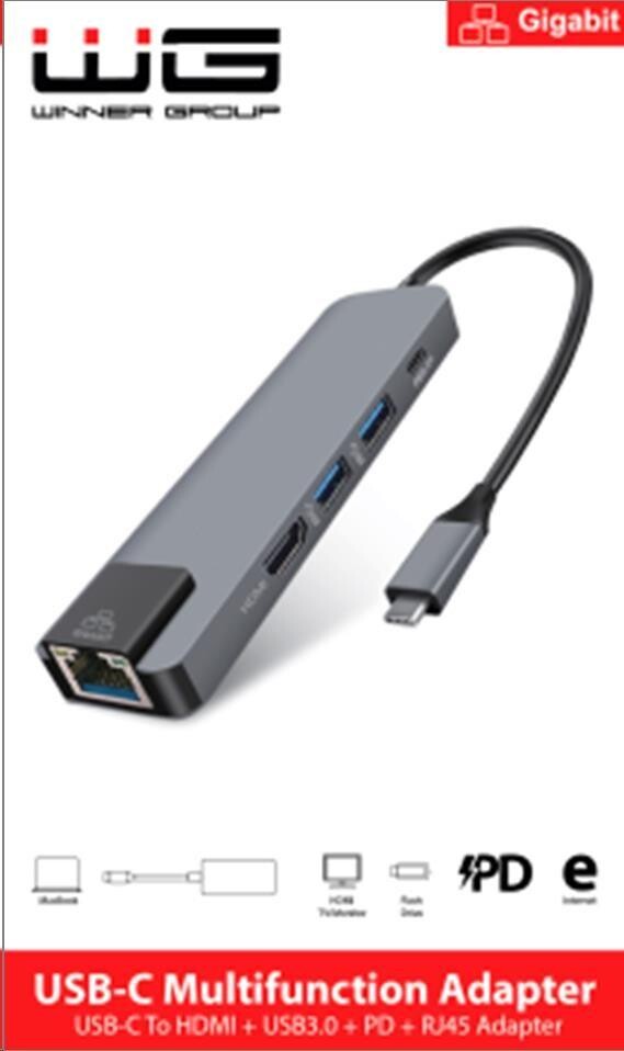 WG - HUB Type-C 4 v1, HDMI + RJ45 + USB3.0, hliníkový