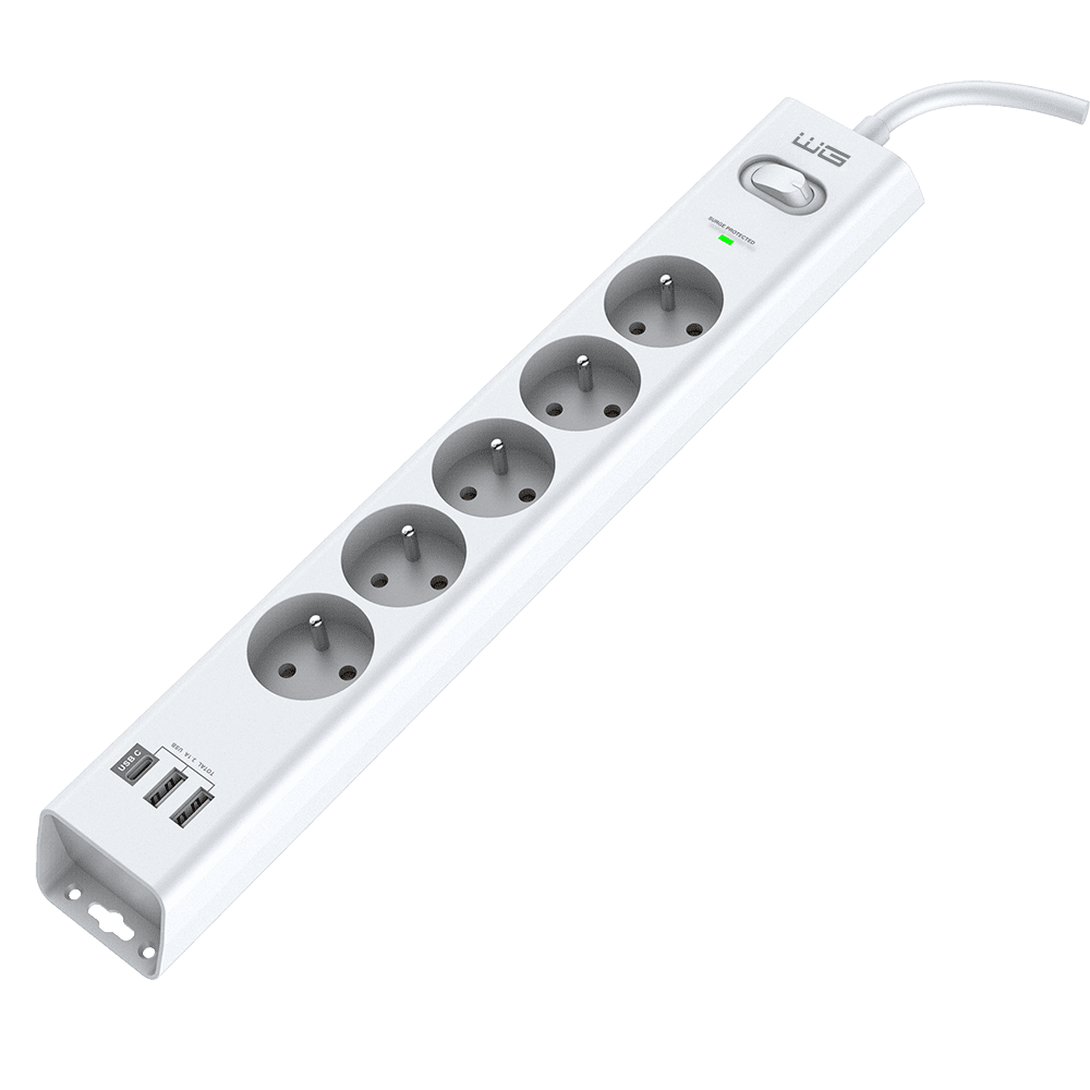 WG - Přepěťová ochrana 5 slotů + 2x USB-A + 1x USB-C, kabel 1, 5 metru, bílá