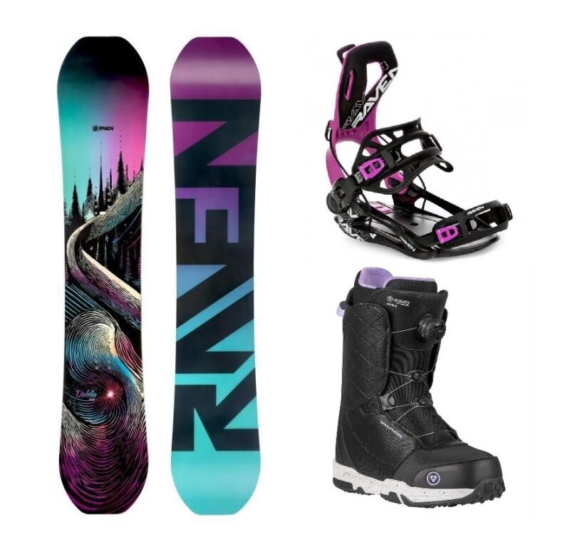 Raven Dahlia Carbon Mint/Pink dámský snowboard + Raven FT360 black/fuchsia vázání + Gravity Aura Atop black obuv
