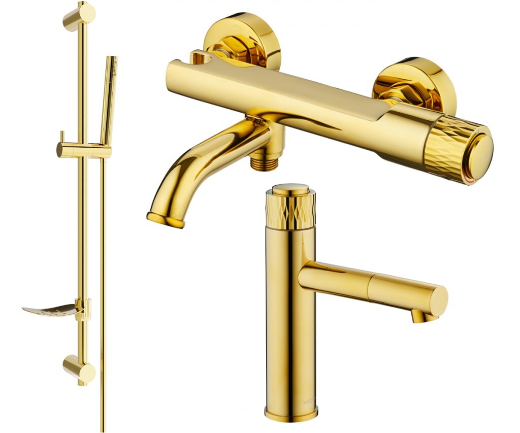 MEXEN/S Diamond DF70 Set umyvadlové a vanové baterie s příslušenstvím, zlato 71503DF70-50