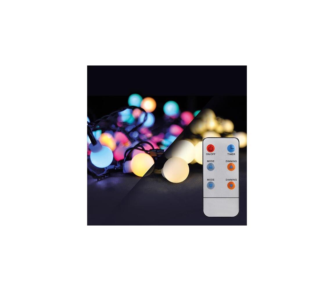 LED 2v1 venkovní vánoční řetěz, koule, dálkový ovladač - 100xLED, RGB+bílá, 10m+5m, 8 funkcí, IP44 -  (1V08-RGB)