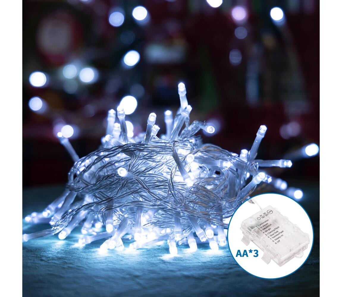 B.V.  -LED Venkovní vánoční řetěz 50xLED/8 funkcí 3xAA 5,3m IP44 studená bílá B10303K1U