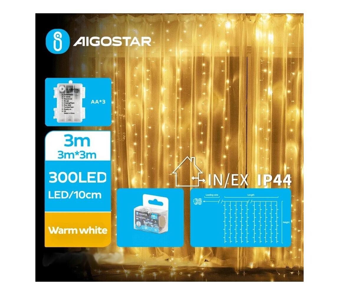 B.V.  - LED Venkovní vánoční řetěz 300xLED/8 funkcí 3xAA 6x2m IP44 teplá bílá B10303K3G