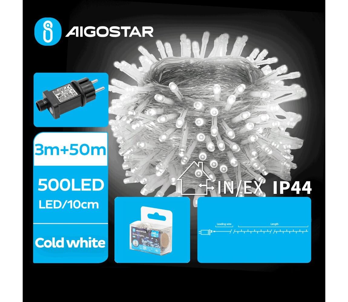 B.V.  - LED Venkovní vánoční řetěz 500xLED/8 funkcí 53m IP44 studená bílá B103031OV