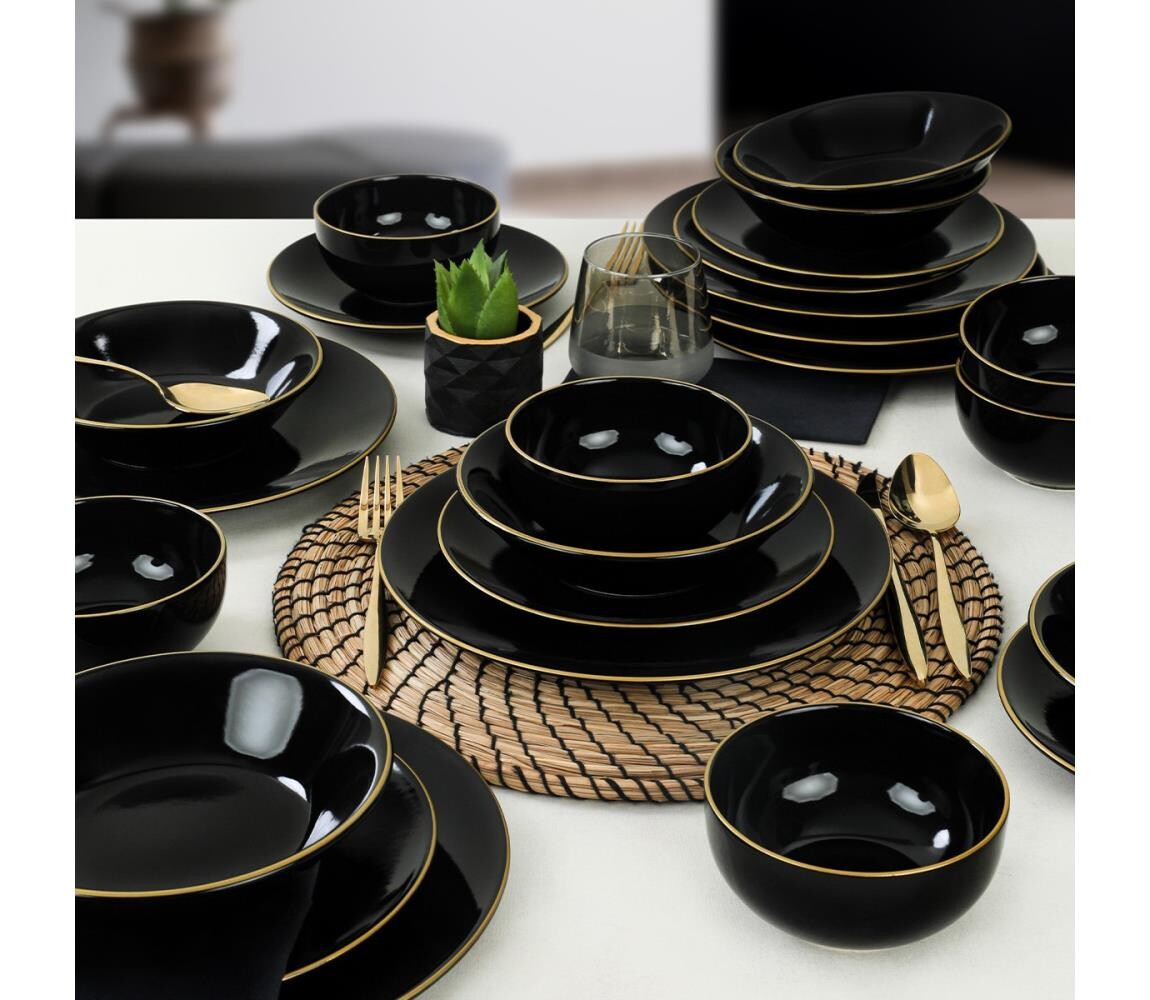Jídelní sada 24 ks černá/zlatá/kamenina 275KRM1610