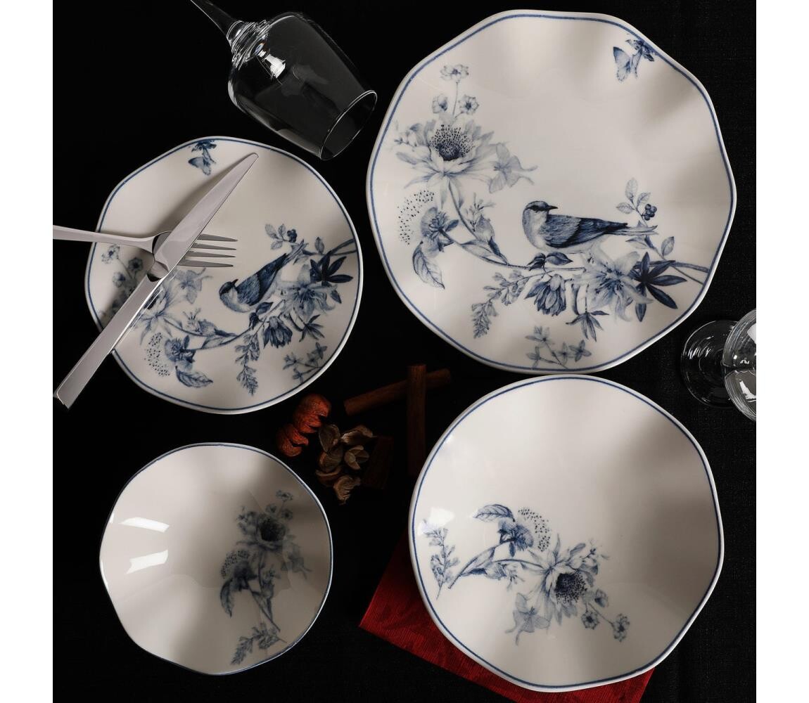 Jídelní sada 24 ks bílá/modrá/porcelán 387GRP1258