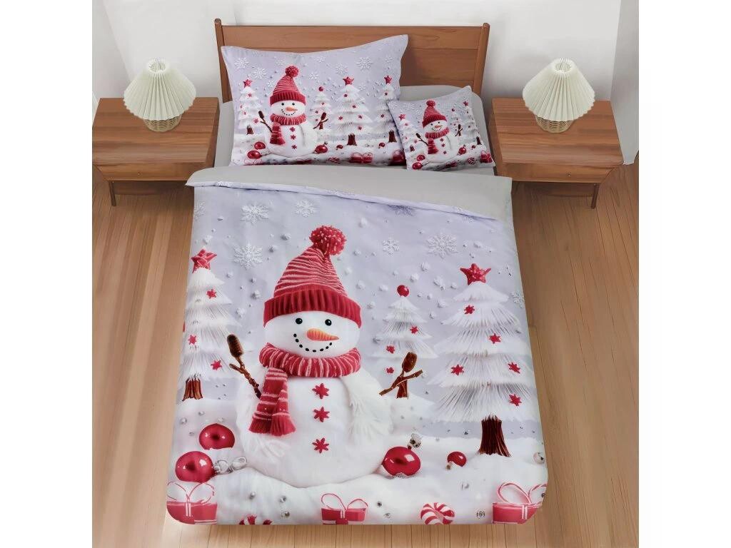 Jahu Vánoční povlečení z mikrovlákna 140x200 + 70x90 cm - Sněhulák červená čepice