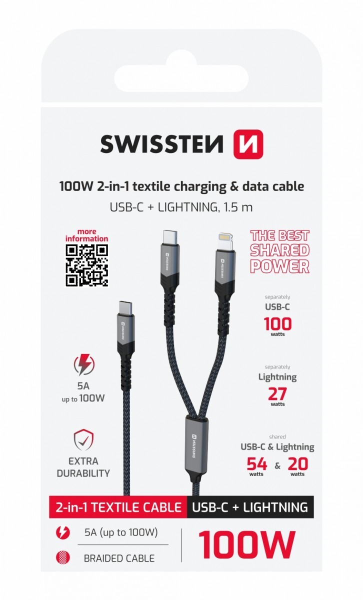 Nabíjecí kabel Swissten 2v1 USB-C - USB-C + Lightning 100W 1,5 m černý