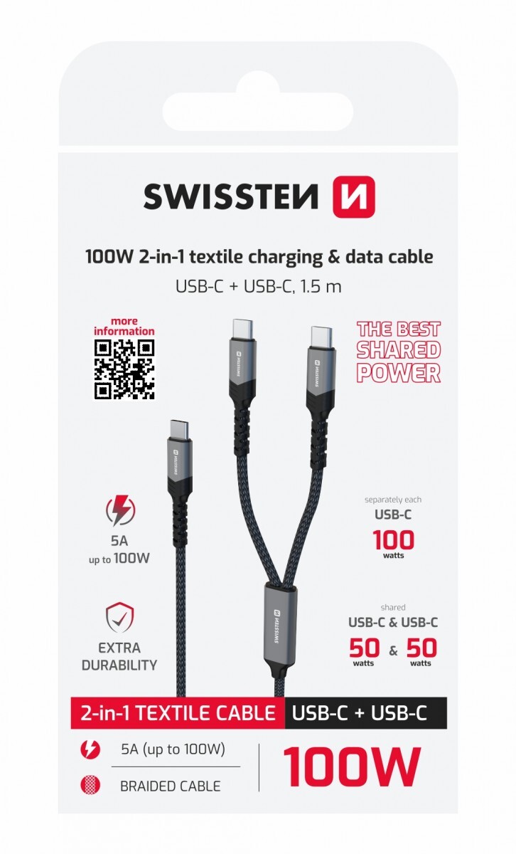 Nabíjecí kabel Swissten 2v1 100W USB-C - 2x USB-C 1,5 m černý
