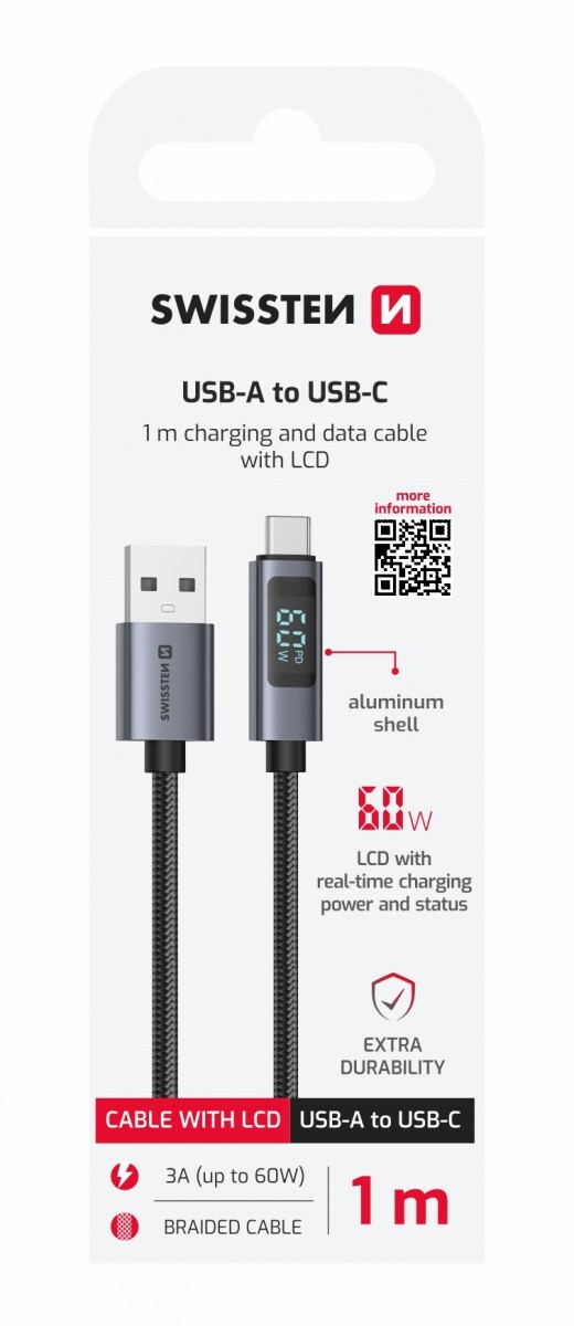 Datový kabel Swissten LCD USB-A - USB-C 1 m