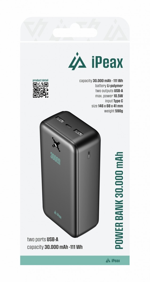 Powerbanka iPeax 30000 mAh, 10,5W, 2x USB-A černá