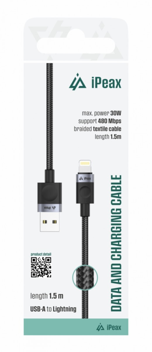 Textilní kabel iPeax USB-A - Lightning 1,5m, USB 2.0 černý