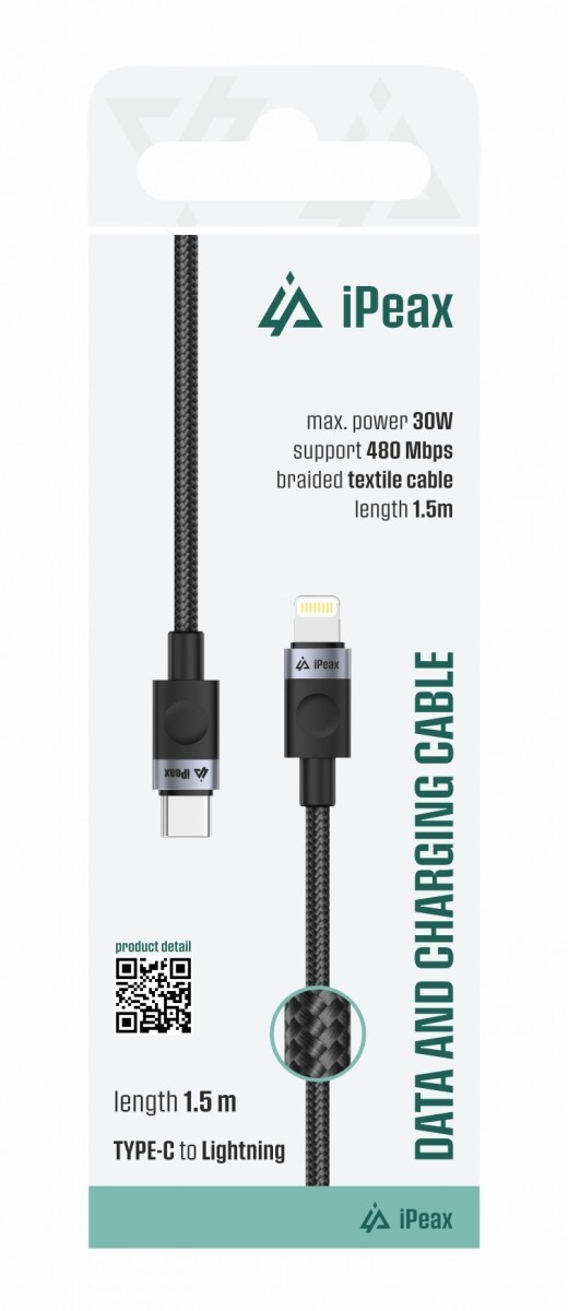 Textilní kabel iPeax USB-C - Lightning 1,5m, USB 2.0 černý