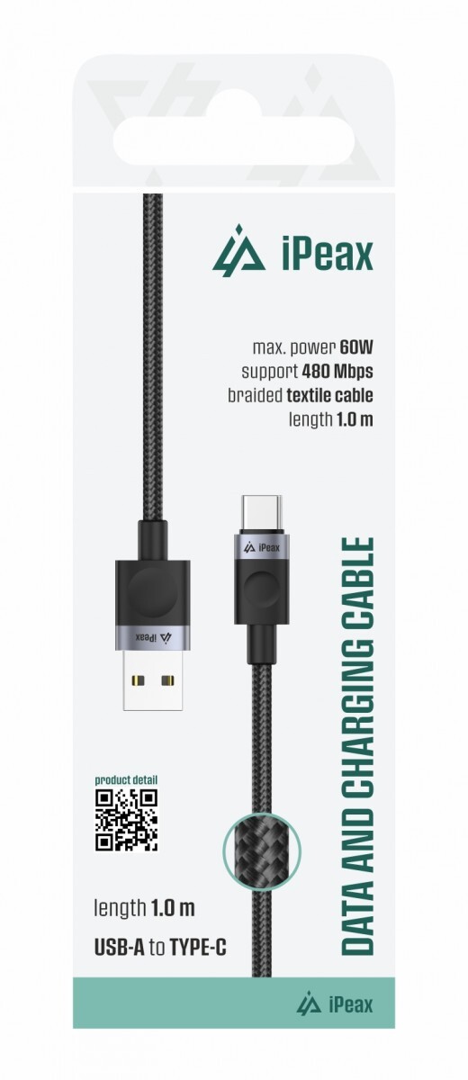Textilní kabel iPeax USB-A - USB-C 1m, USB 2.0 černý