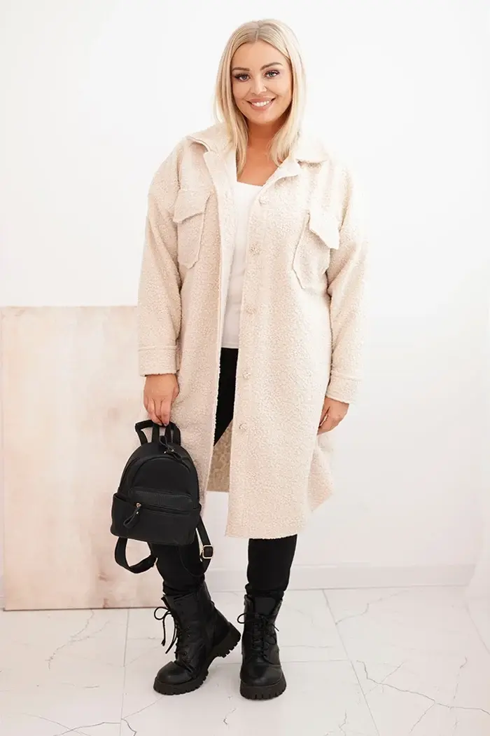 Kesi Włoski Dámský kabát Plus Size s vlnou na knoflíky s kapsami a límcem světlé béžové