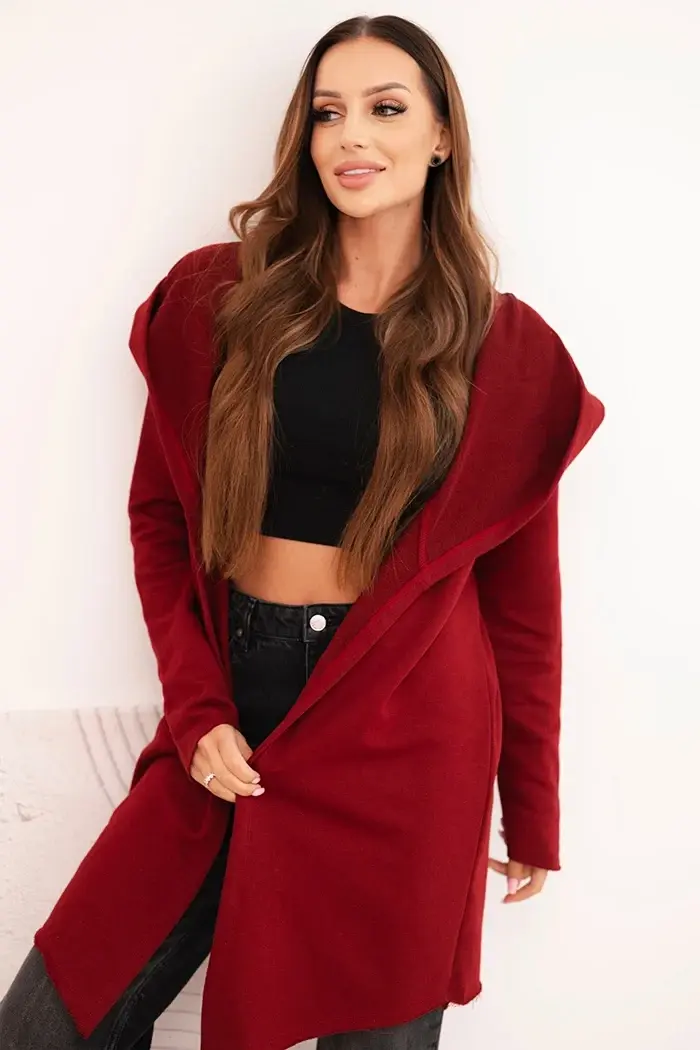 Kesi Dámská bavlněná bunda s kapucí a prodlouženým předním dílem bordová