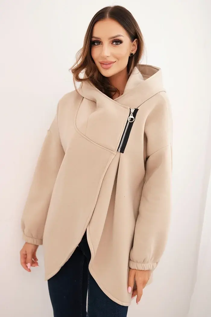 Kesi Włoski Dámská mikina s kapucí a asymetrickým zipem béžová