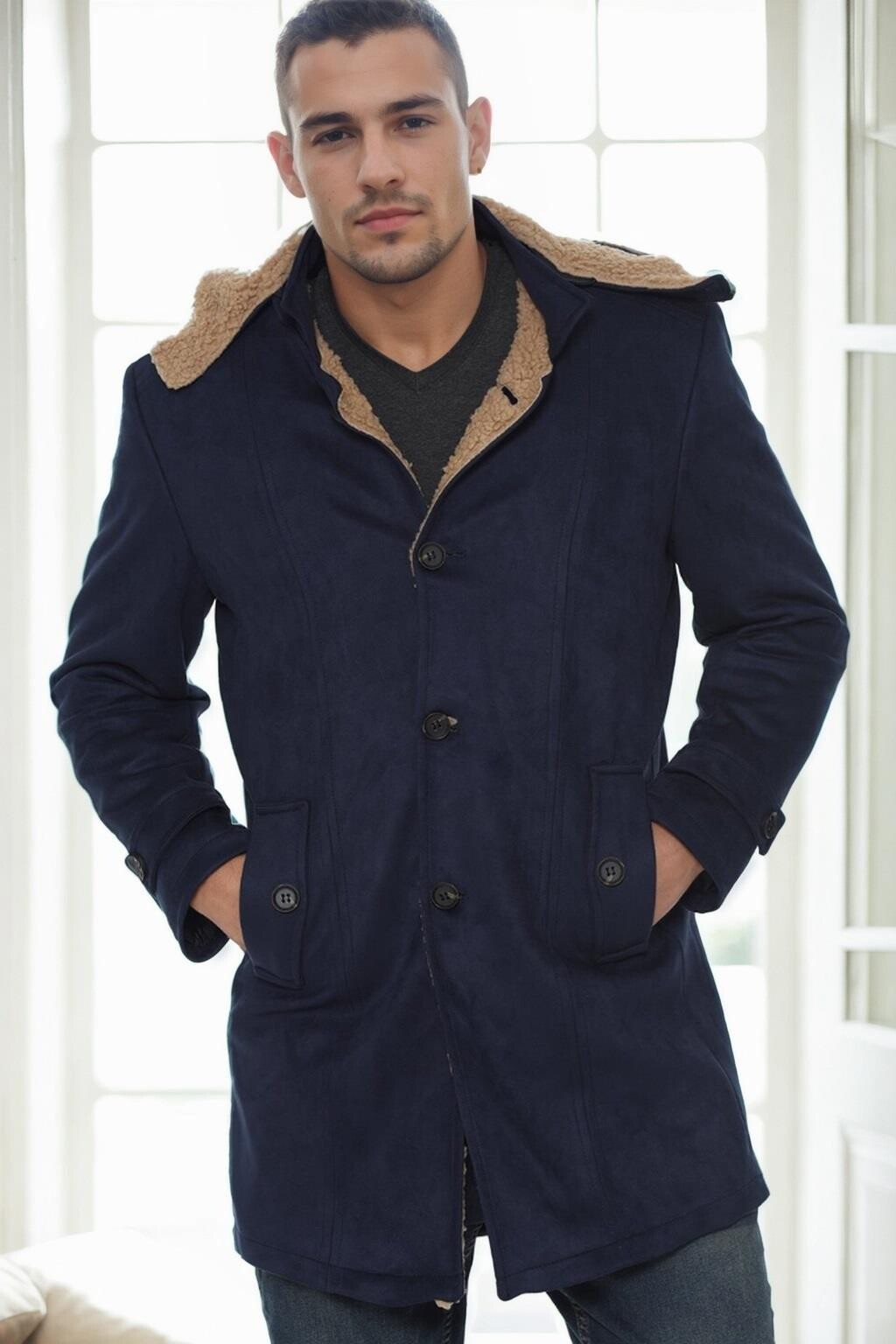 PLT9399 DEWBERRY SUEDE MEN'S COAT-NAVY BLUE