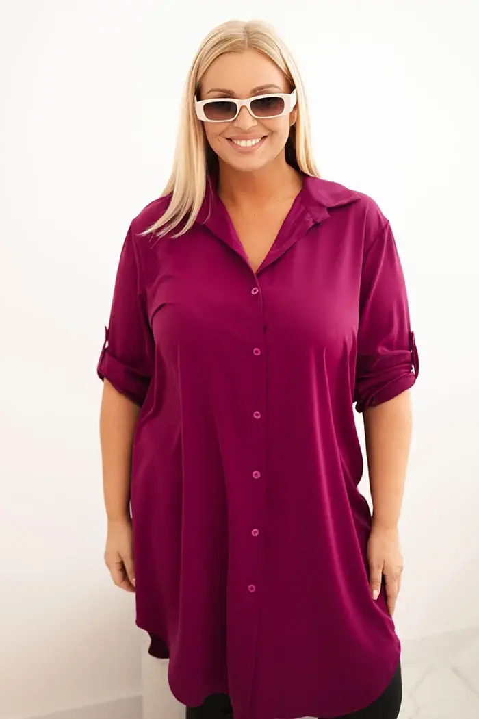 Kesi Włoski Dámská košilová suknička Plus Size s delším zadním dílem a ohrnutým rukávem tmavě fialová