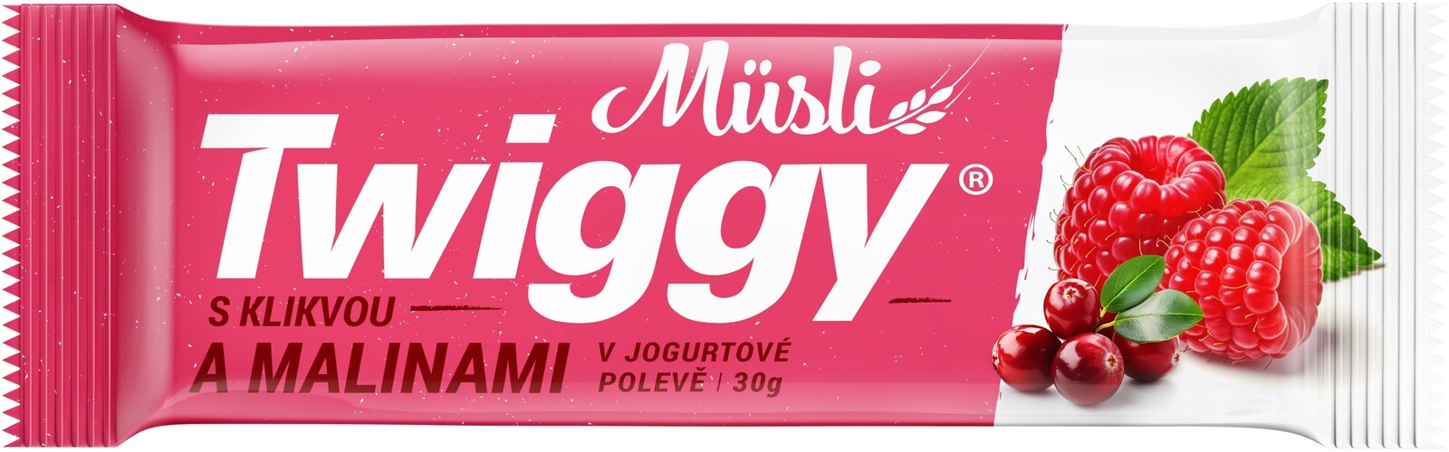 Twiggy Müsli tyčinka s klikvou a malinami celomáčená v jogurtové polevě 30 g
