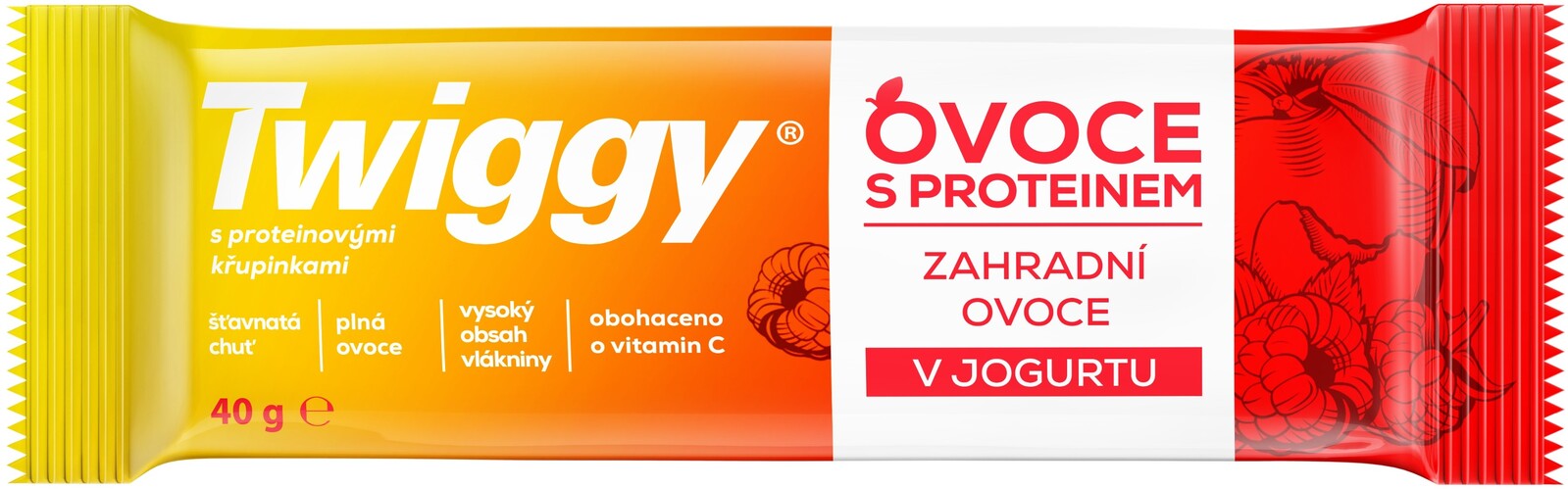 Twiggy Tyčinka se zahradními plody a protein. křupinkami v jogurtu 40 g DMT 08/2026