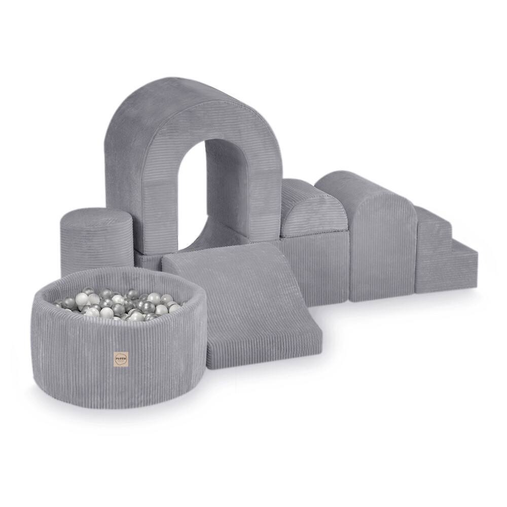 PLUSH NEST PLUSH NEST Hrací hrad s bazénem a 150 míčky, Prémiový šedý Manšestr