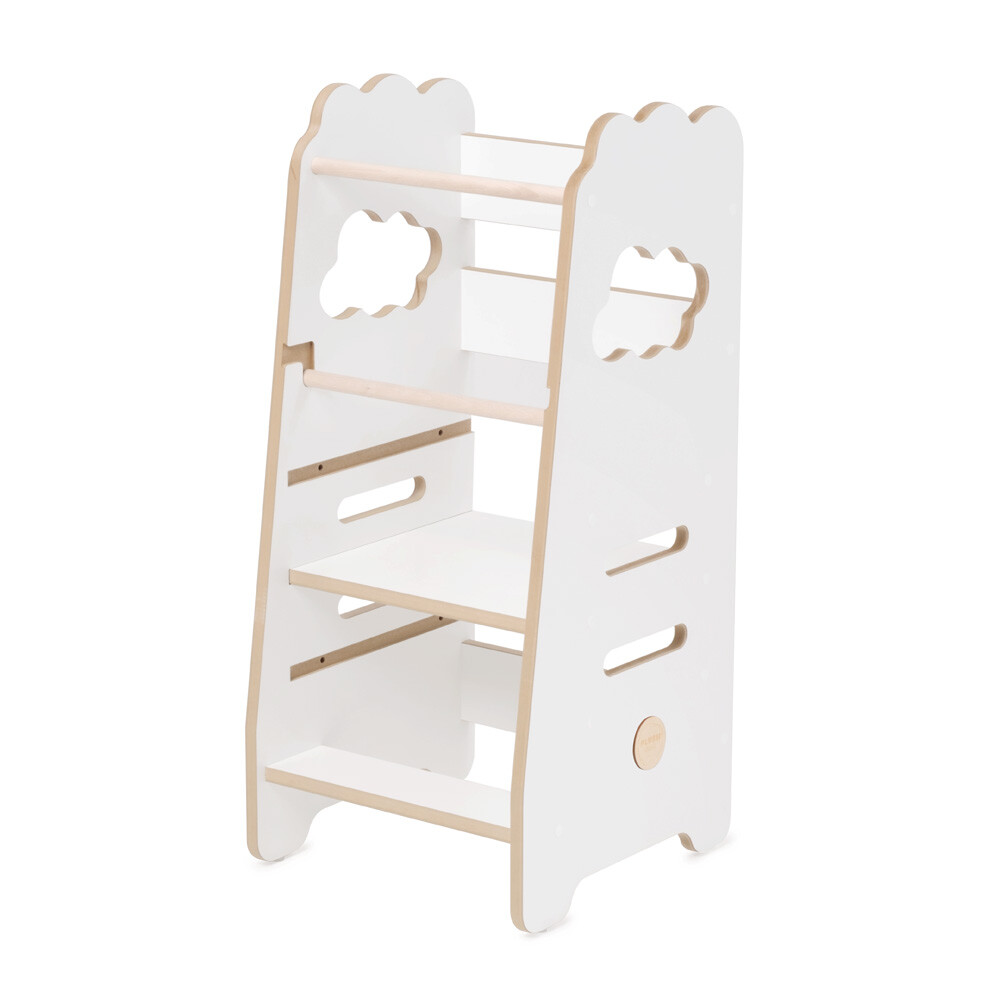 PLUSH NEST PLUSH NEST Dřevěná učící věž / Kuchyňský pomocník 3 nastavení výšky, bílá, s motivem mráčku