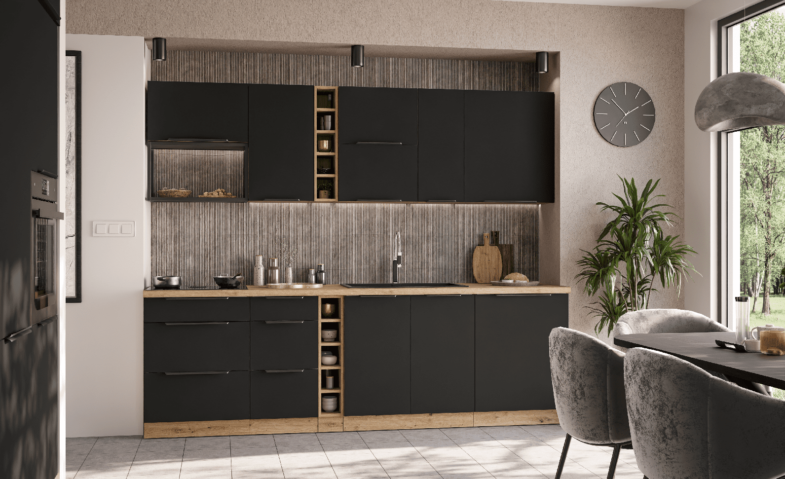 Kuchyňská linka 255 cm Aria 1 Barva korpusu: Dub artisan, Barva dvířek: BL - Black AFM