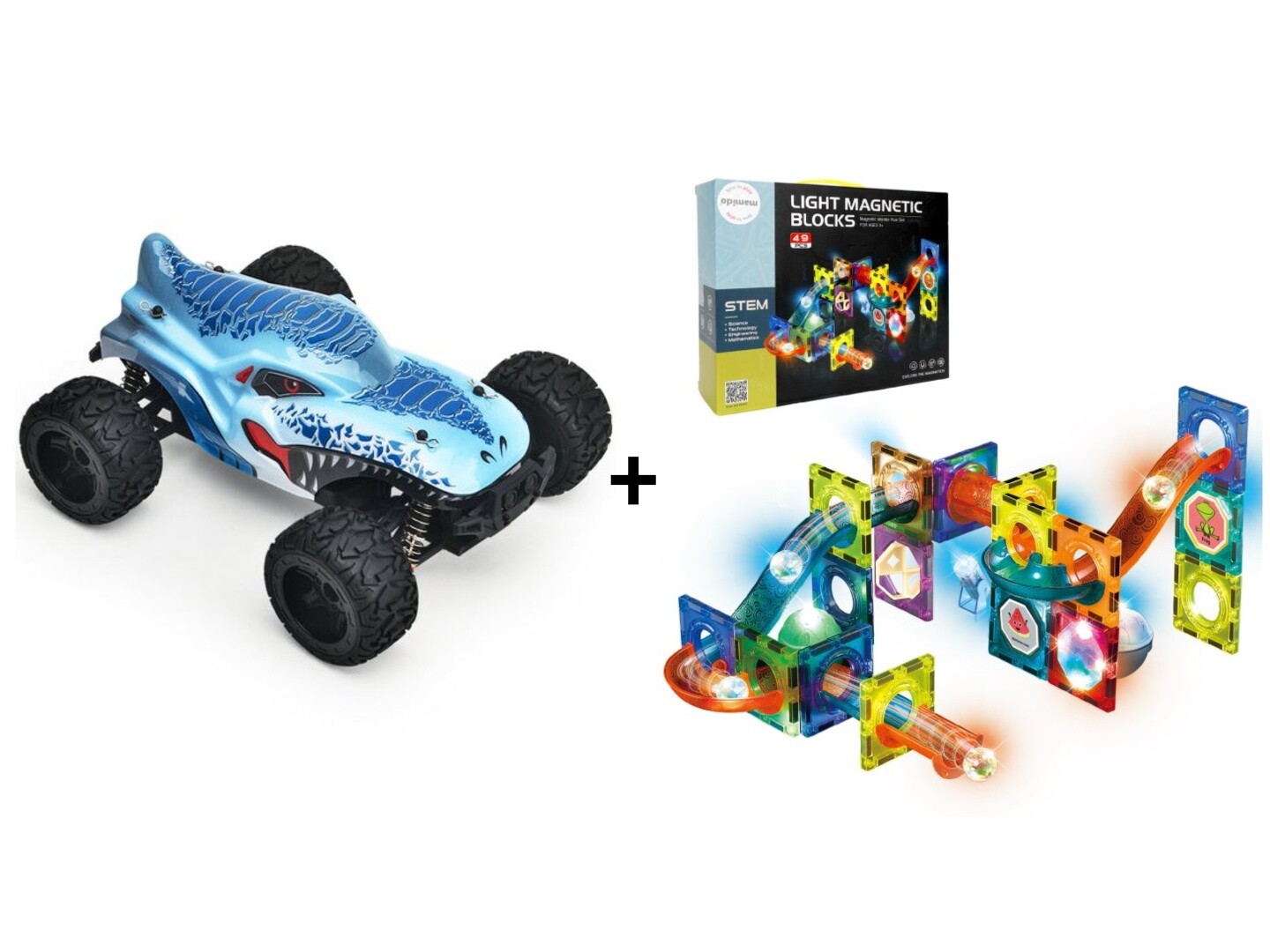Mamido Mamido Výhodná sada RC Monster Truck 1:16  Max 35 km/h 4x4 + Magnetická svítící stavebnice kuličková dráha 49 dílů