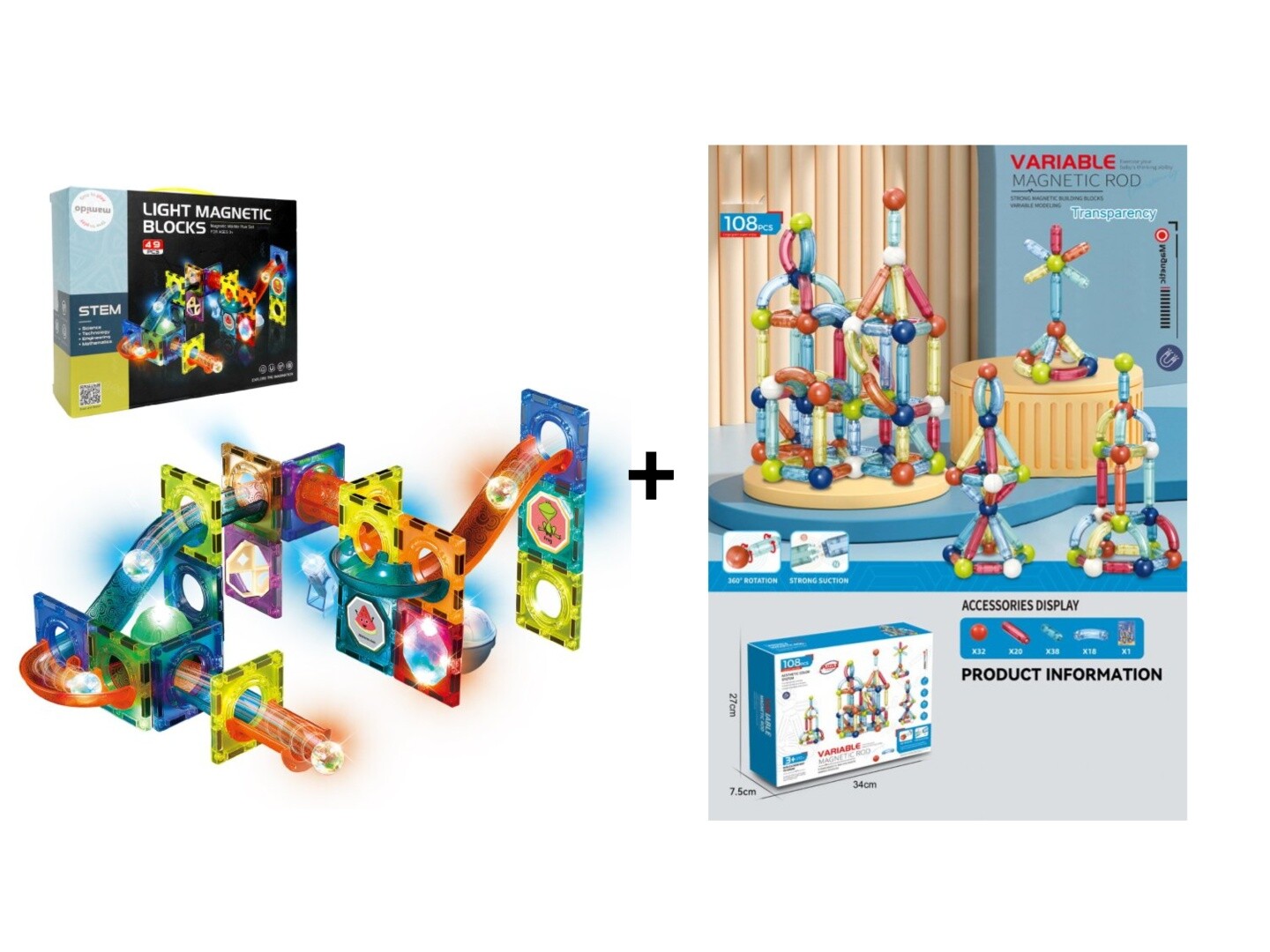 Mamido Mamido Výhodná Magnetická sada Stavebnice Variable 108 dílků + Svítící stavebnice kuličková dráha 49 dílů