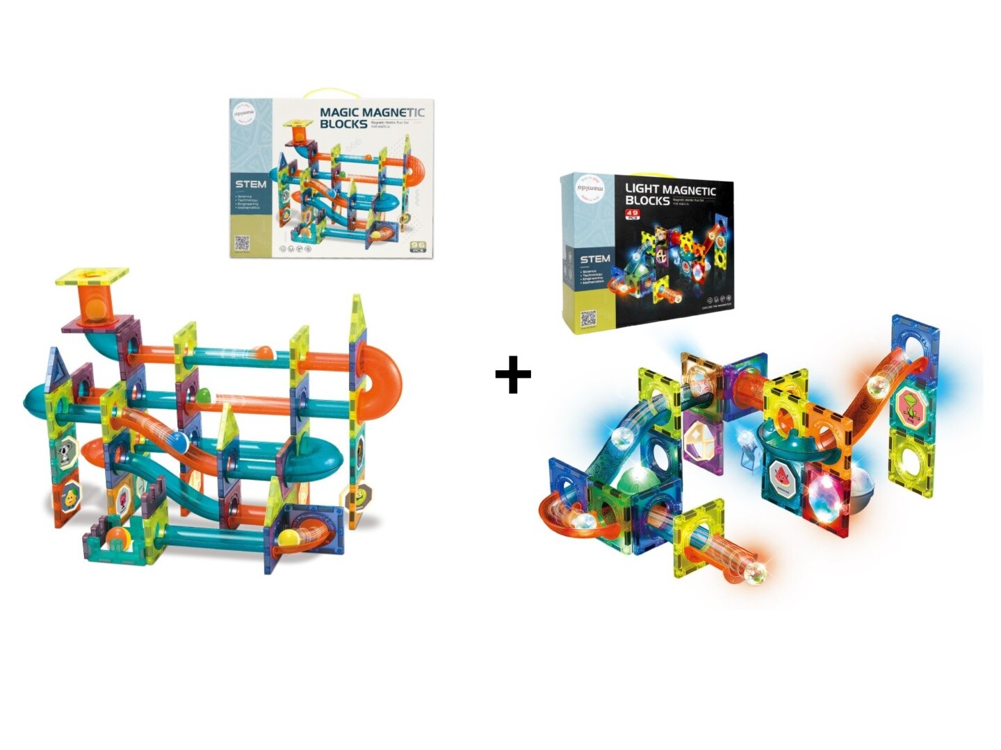 Mamido Mamido Velká sada Magnetická stavebnice kuličková dráha 96 dílů + Magnetická svítící stavebnice kuličková dráha 49 dílů