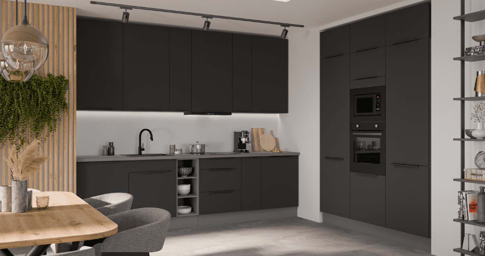 Kuchyňská linka 300x180 cm Aria ANT Barva korpusu: Antracit, Barva dvířek: BL - Black AFM