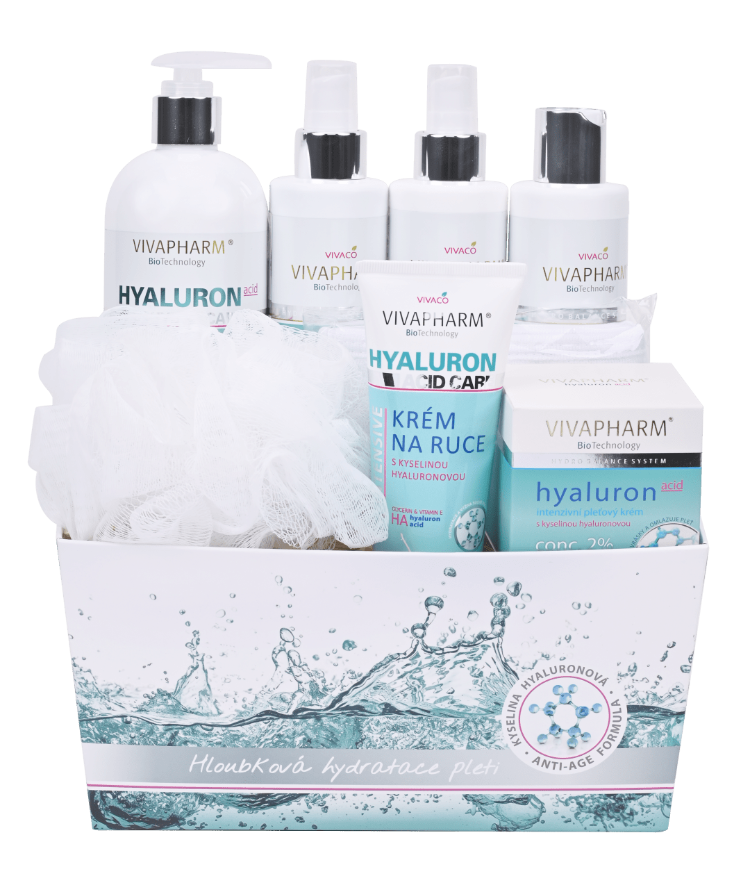 VIVACO Dárkové balení Hyaluron tělové mléko + sg + odličovací mléko + pleťová voda + krém na ruce + pleťový krém + dárky