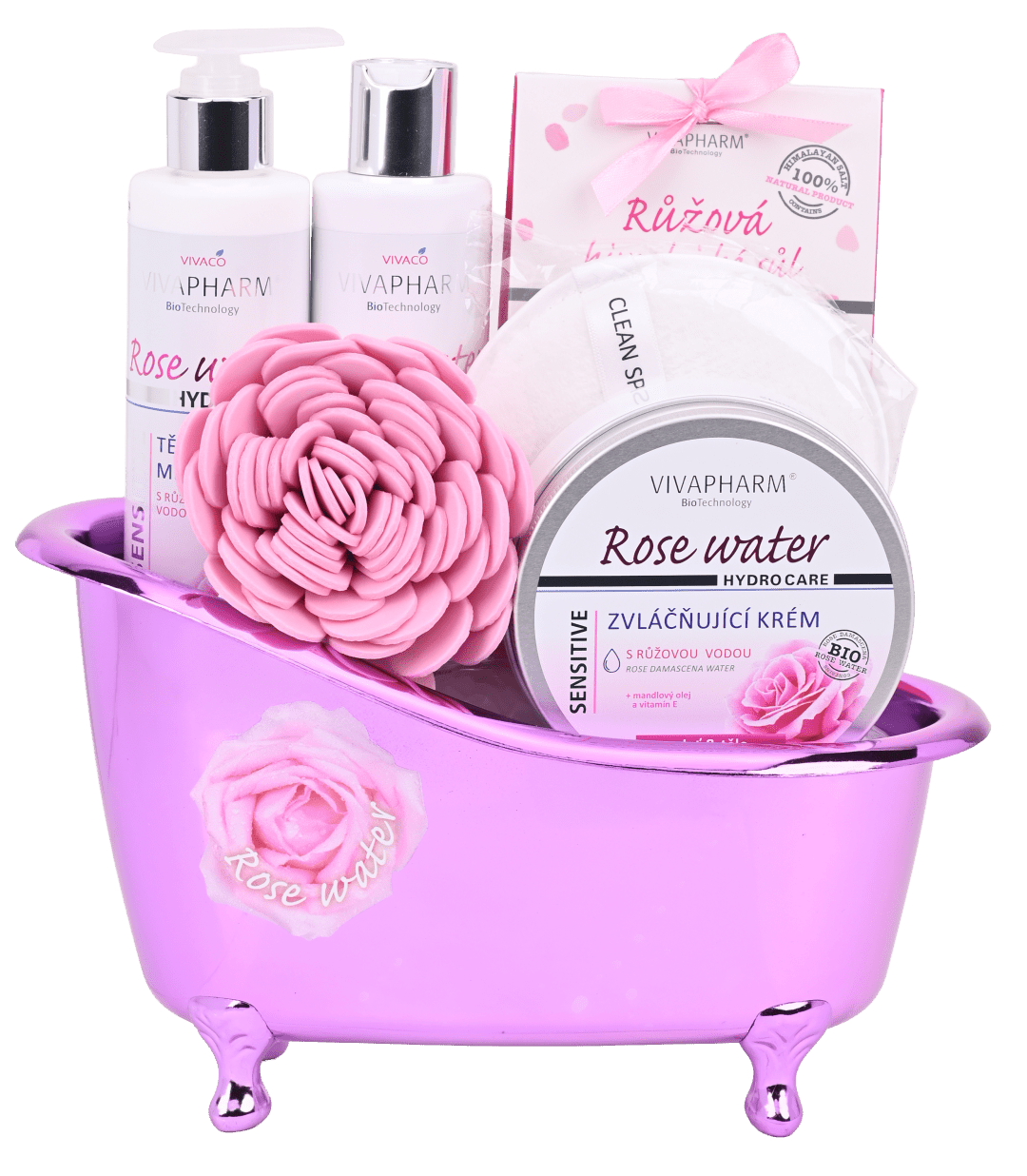 VIVACO Ros2501 Dárkové balení rose water - sprchový gel + tělové mléko + himalájská sůl + zvláčňující krém + dárek