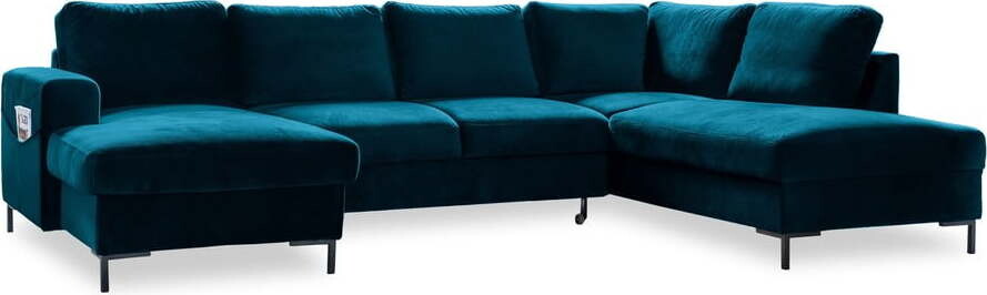 Sametová rozkládací/s úložným prostorem rohová pohovka v petrolejové barvě (pravý roh/do