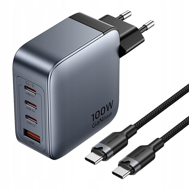 Síťová nabíječka Vention 3x USB-C, 1x USB-A, (100W/100W/30W/30W) (šedá) s kabelem USB-C na USB-C (1m) (černá)