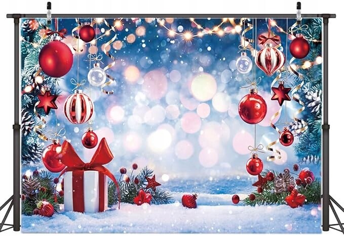 Vánoční fotografické pozadí 210 x 150 cm Vinylové koule a světýlka