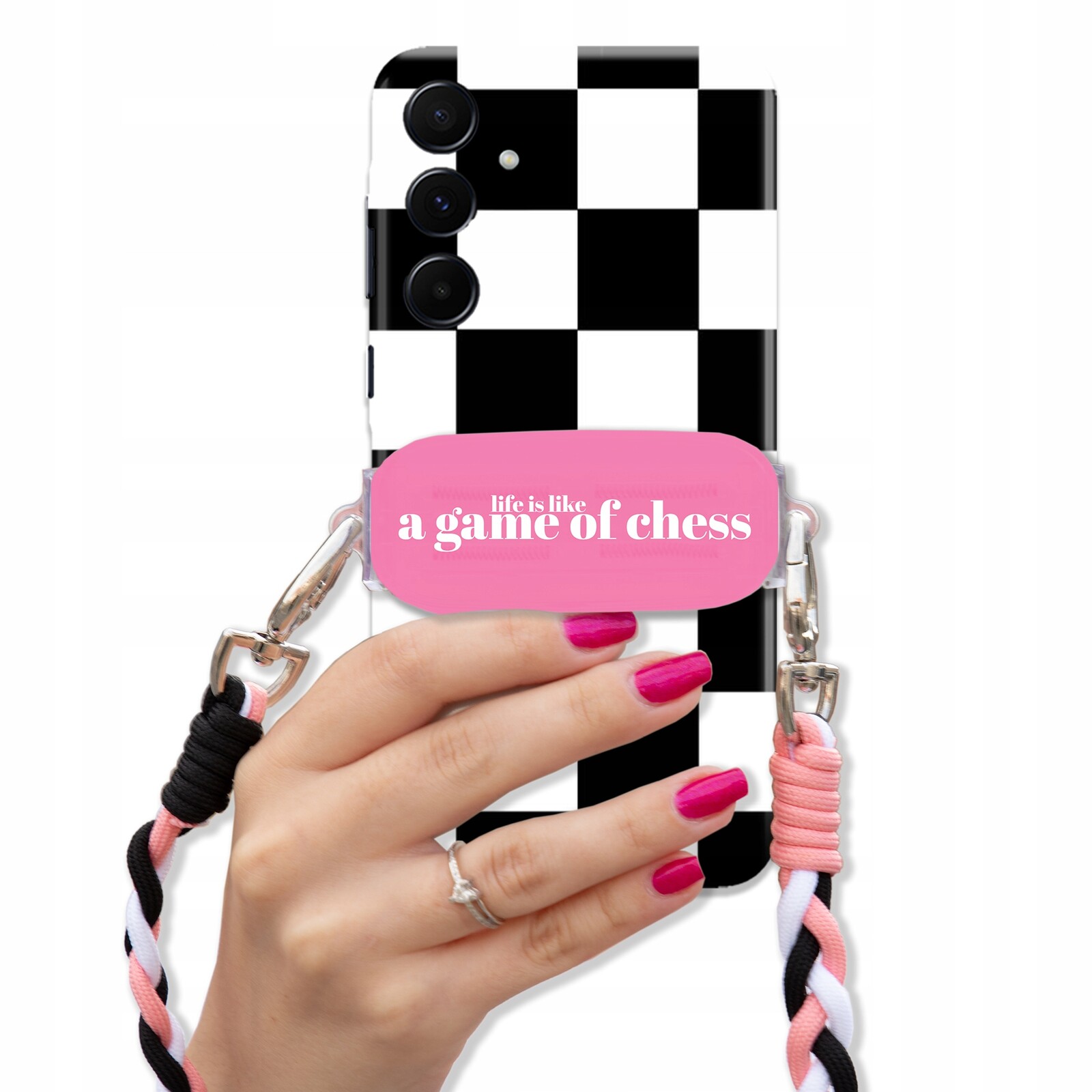 Pouzdro Na Samsung A55 5G Držák Pletená Šňůra Růžová B&w Citát Šachy