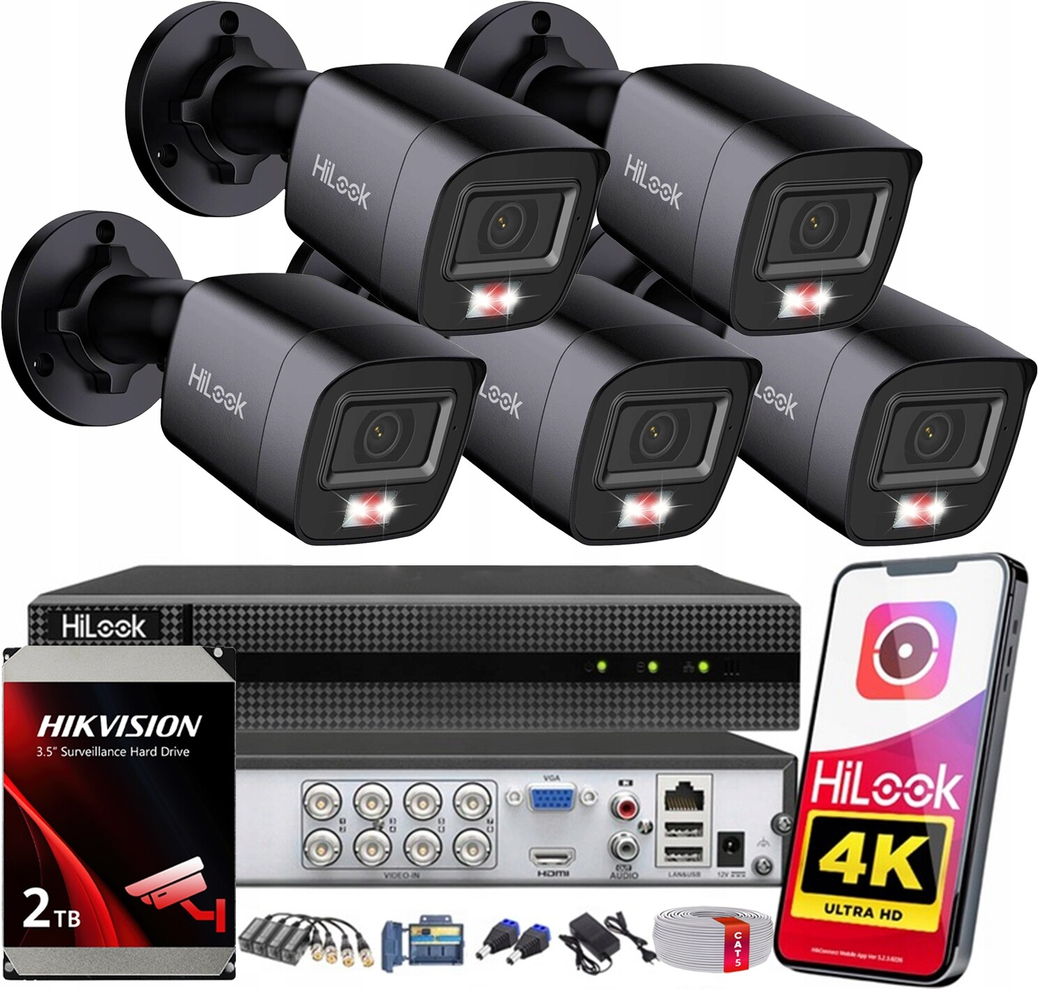 Sada pro monitorování 8MPx 5 kamer HiLook od společnosti Hikvision Tvi Ahd Hdd disk 2TB