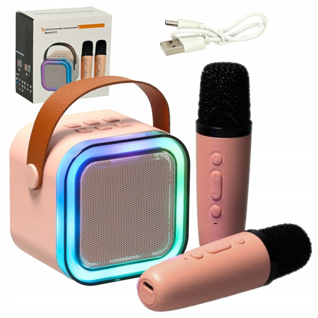 Sada pro karaoke 2 mikrofony přenosný reproduktor Bluetooth Usb Led růžová