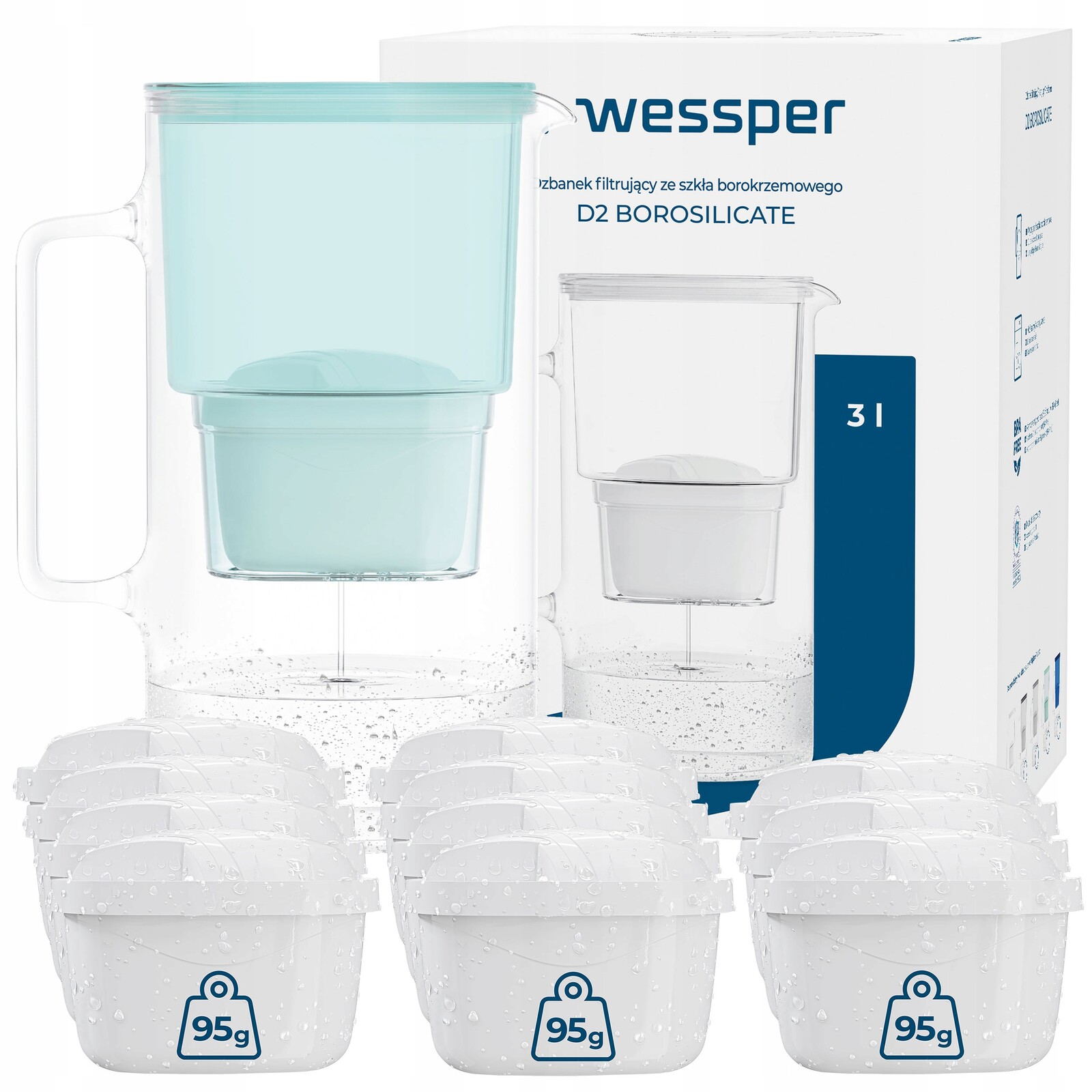 Skleněná filtrační konvice Wessper D2 Borosilicate 3 l mátová 12 x filtr
