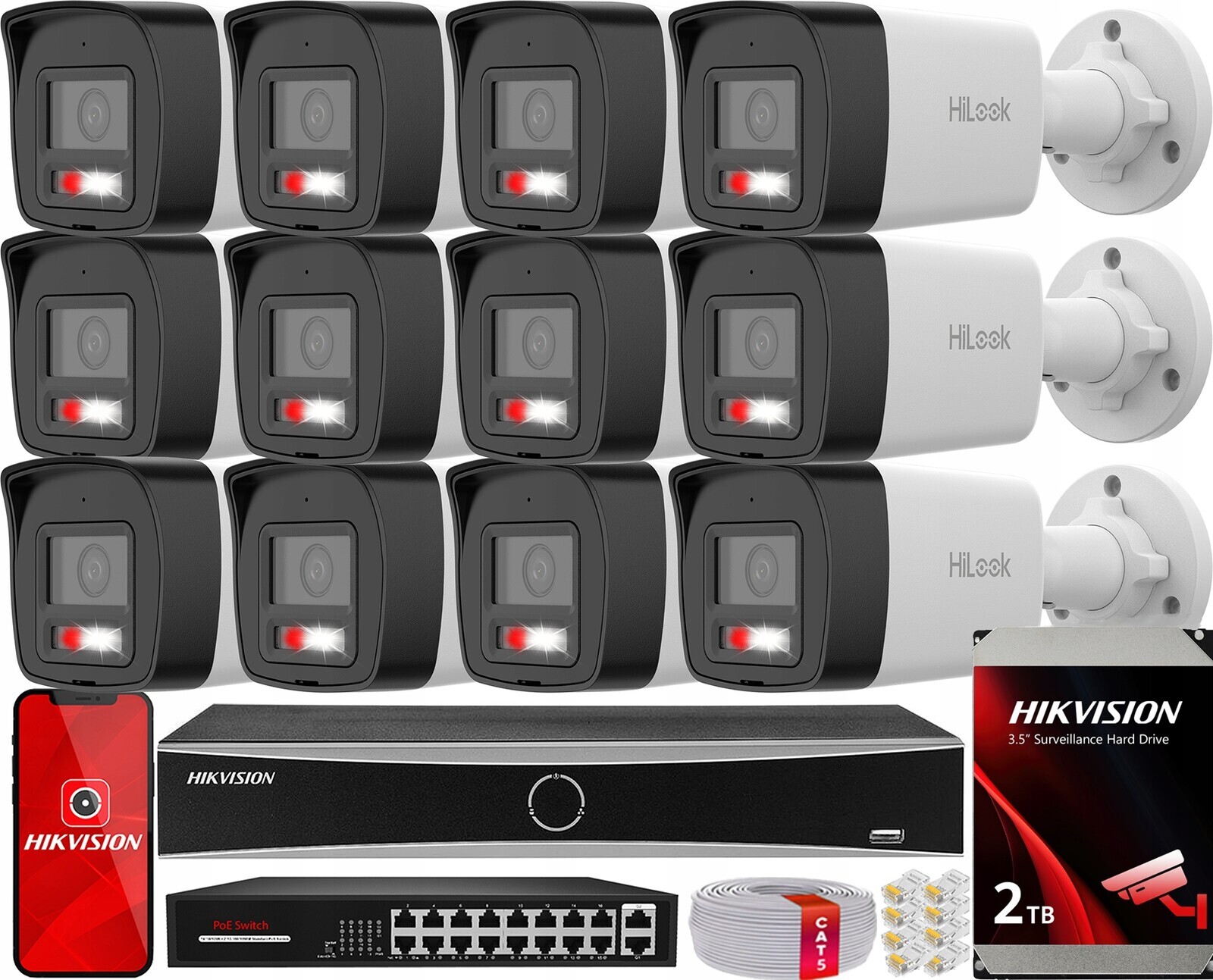 Sada pro monitorování Ip 12x IPC-B140HA-LUC 4Mpx Disk 2TB Hilook Hikvision