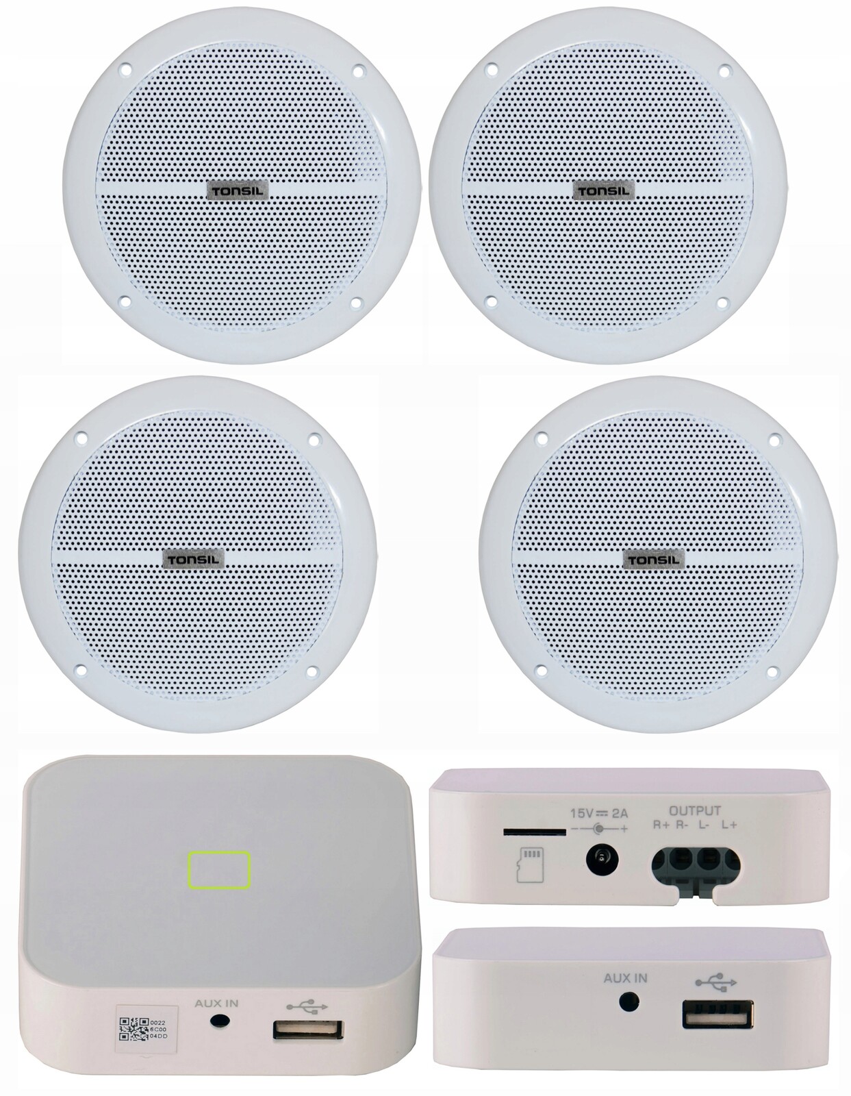 Set: 4x Stropní reproduktor Zgsu 16/2 Dr Bílý Zesilovač Tonsil WS-20 Wifi