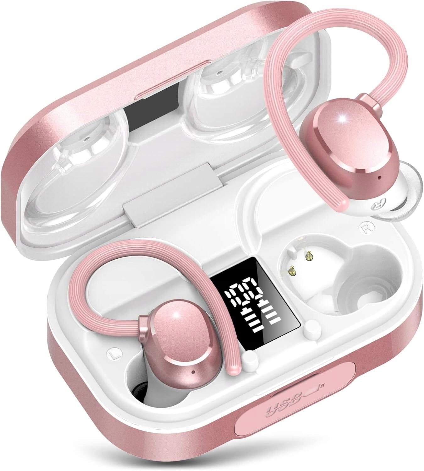 Bezdrátová Sluchátka Bluetooth Růžová Do Uší Led 120H IPX7 Sportovní