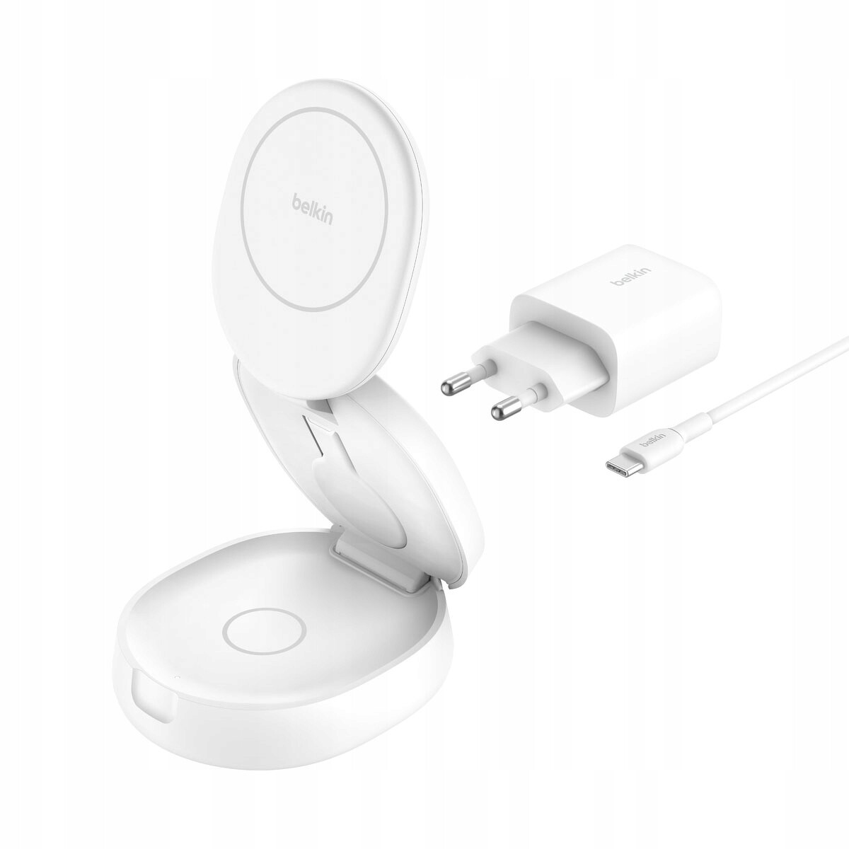 Belkin Magnetická nabíječka 3v1, skládací, Qi2 15W, napájecí zdroj 36W, bílá