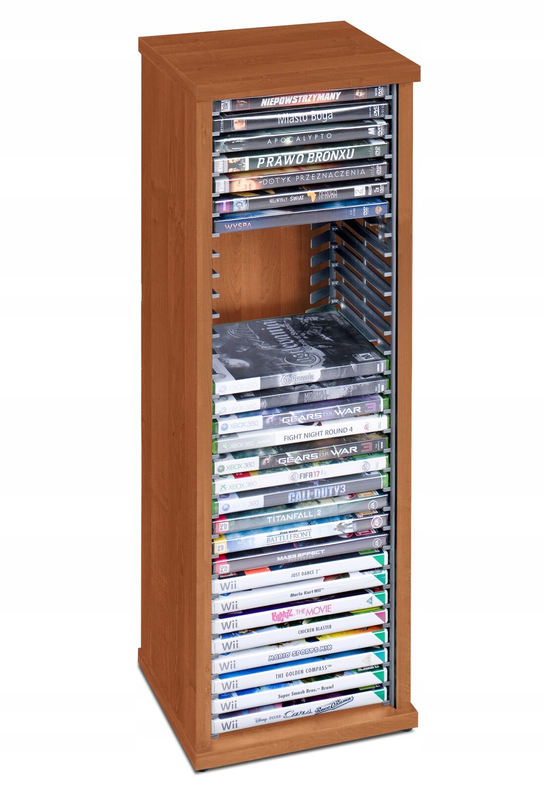 Stojan na filmy DVD hry Xbox 360 Wii Pc regál 30 desek Olše police box pouzdro